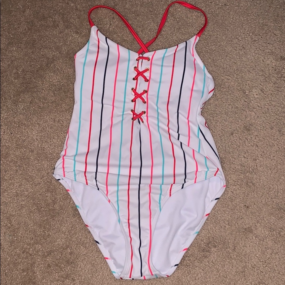 Red white and blue lace up baseball one piece